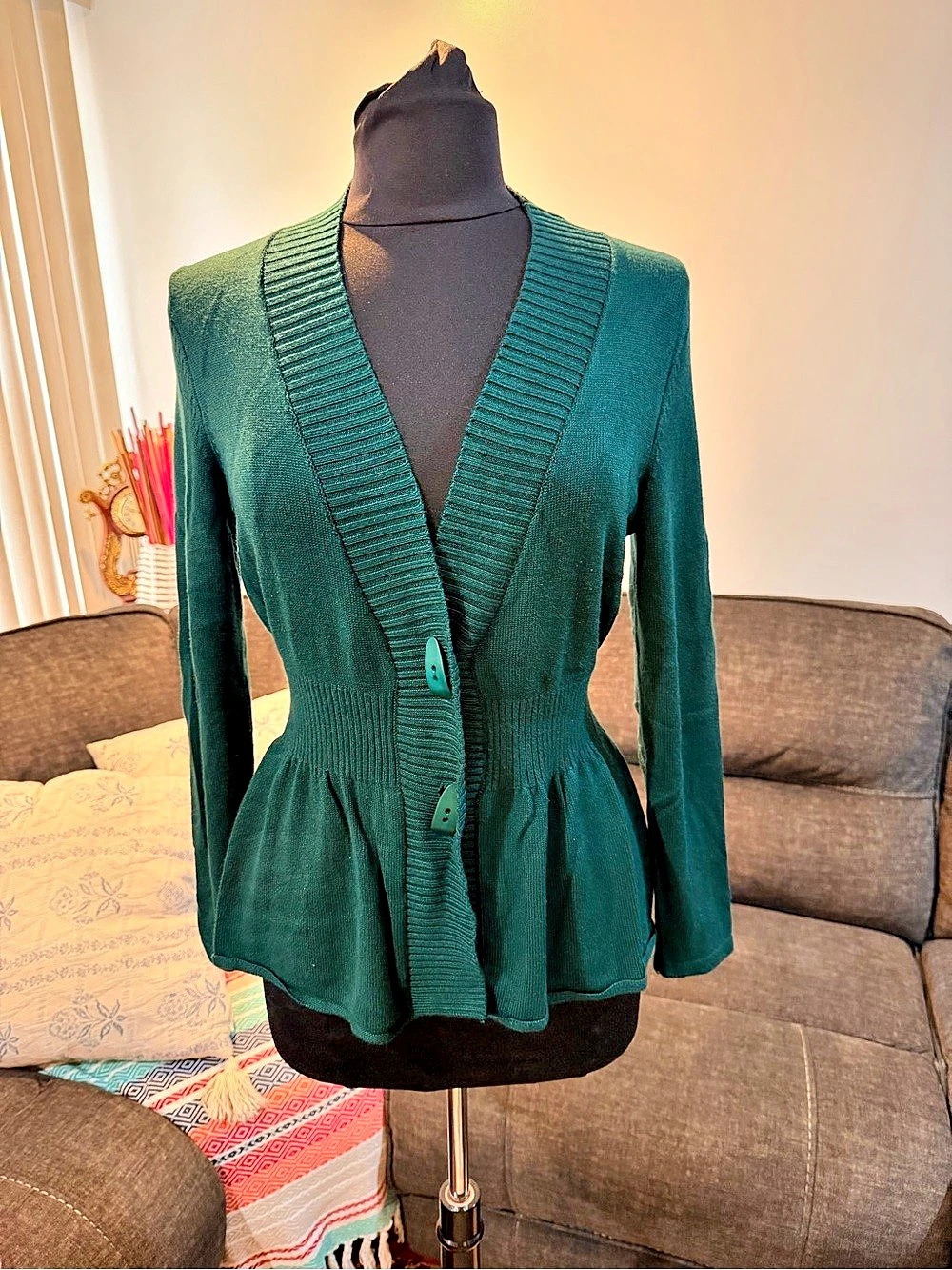 Grace Karin Ribbed Cardigan in Green Size Medium